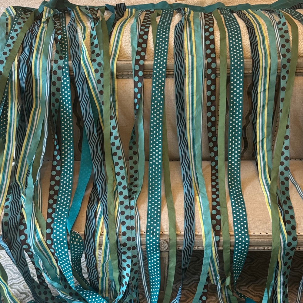 Grosgrain Ribbon Streamers Shower Curtain from Garnet Hill 72”x72” Blues Greens